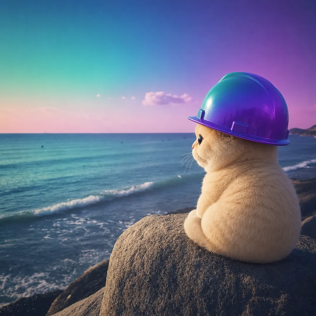 Solanacat in his purple hard hat sitting on a rock, watching the sea at sunset